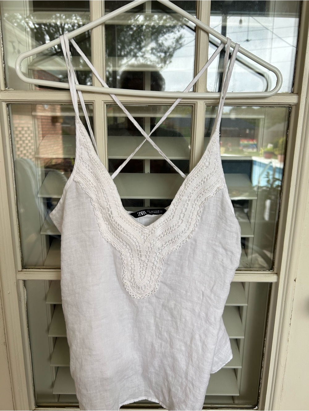Zara White Linen Camisole with Lace Trim and Crisscross Straps